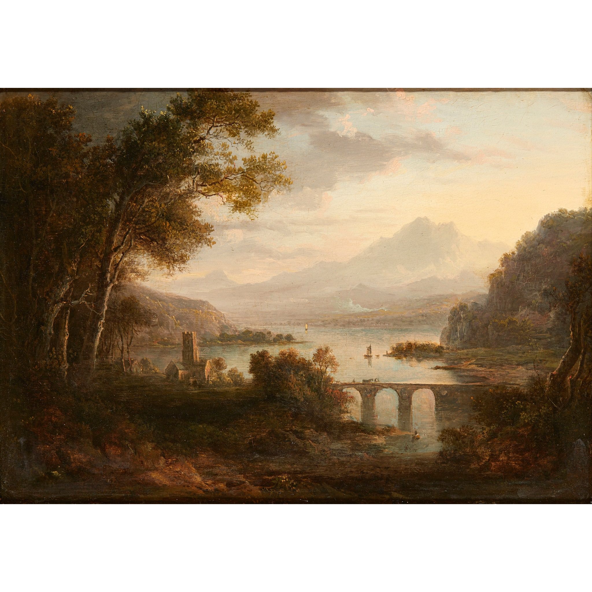 ALEXANDER NASMYTH (SCOTTISH 1758-1840) A WOODED RIVER LANDSCAPE WITH CHURCH BY A LOCH