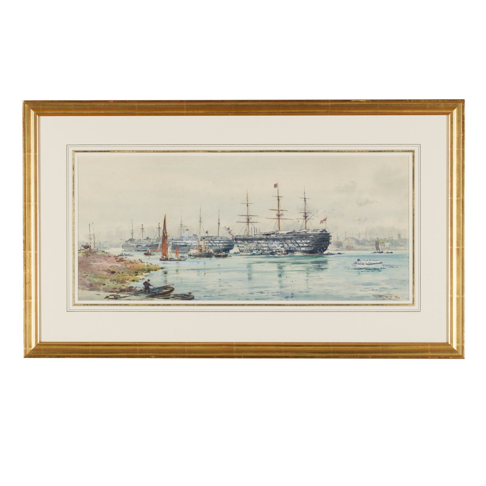 § FRANK WATSON WOOD (SCOTTISH 1862-1953) H M S VICTORY IN PORTSMOUTH HARBOUR - Image 2 of 3