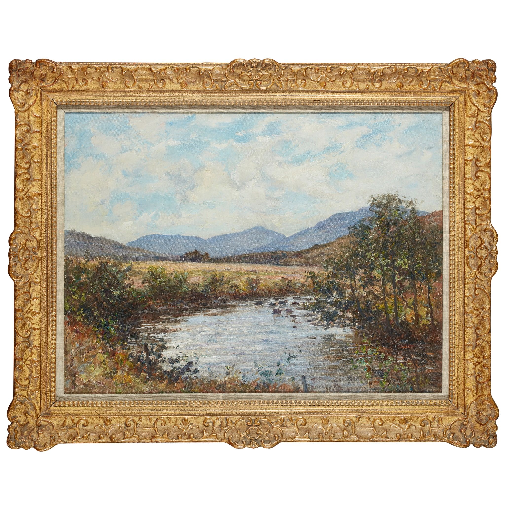 JOSEPH MORRIS HENDERSON R.S.A (SCOTTISH 1864-1936) HIGHLAND STREAM WITH DISTANT HILLS - Image 2 of 3