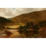 JAMES DOCHARTY A.R.S.A (SCOTTISH 1829-1878) A WOODED RIVER LANDSCAPE WITH RESTING FISHERMAN