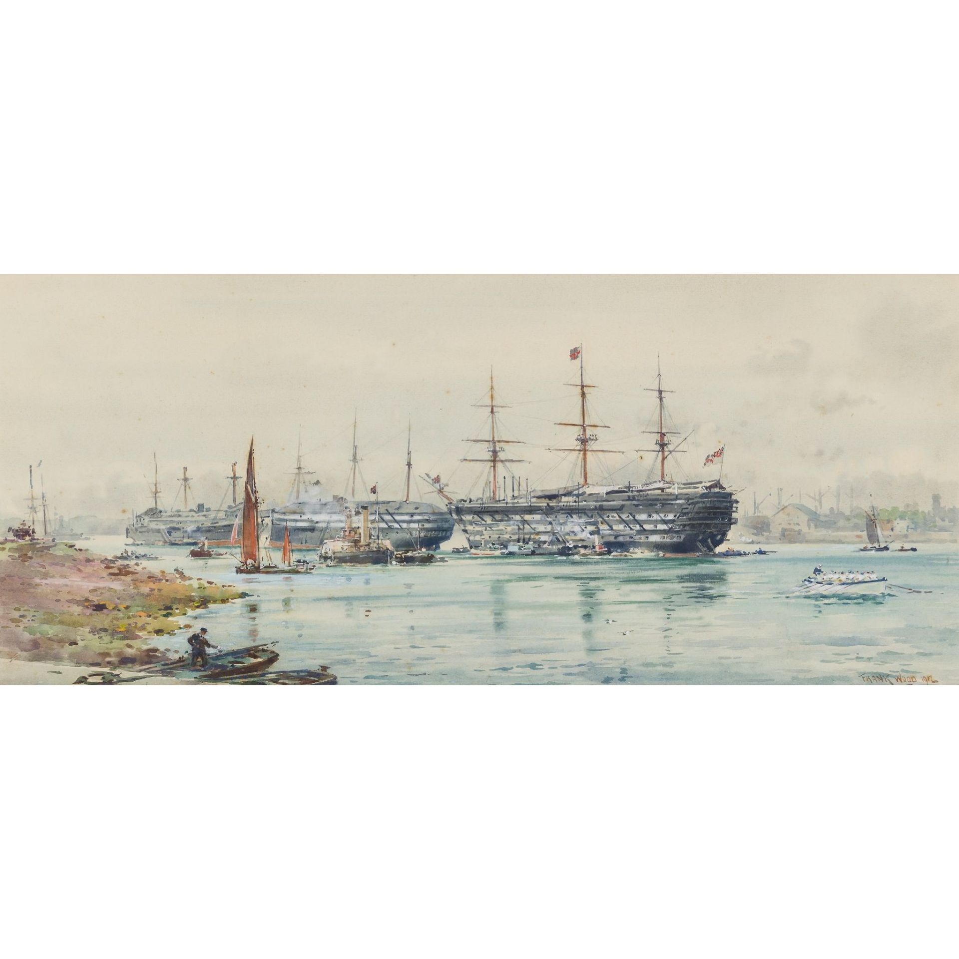 § FRANK WATSON WOOD (SCOTTISH 1862-1953) H M S VICTORY IN PORTSMOUTH HARBOUR