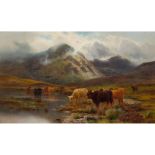 LOUIS BOSWORTH HURT (SCOTTISH 1856-1929) HIGHLAND CATTLE WATERING IN A MOUNTAIN GLEN