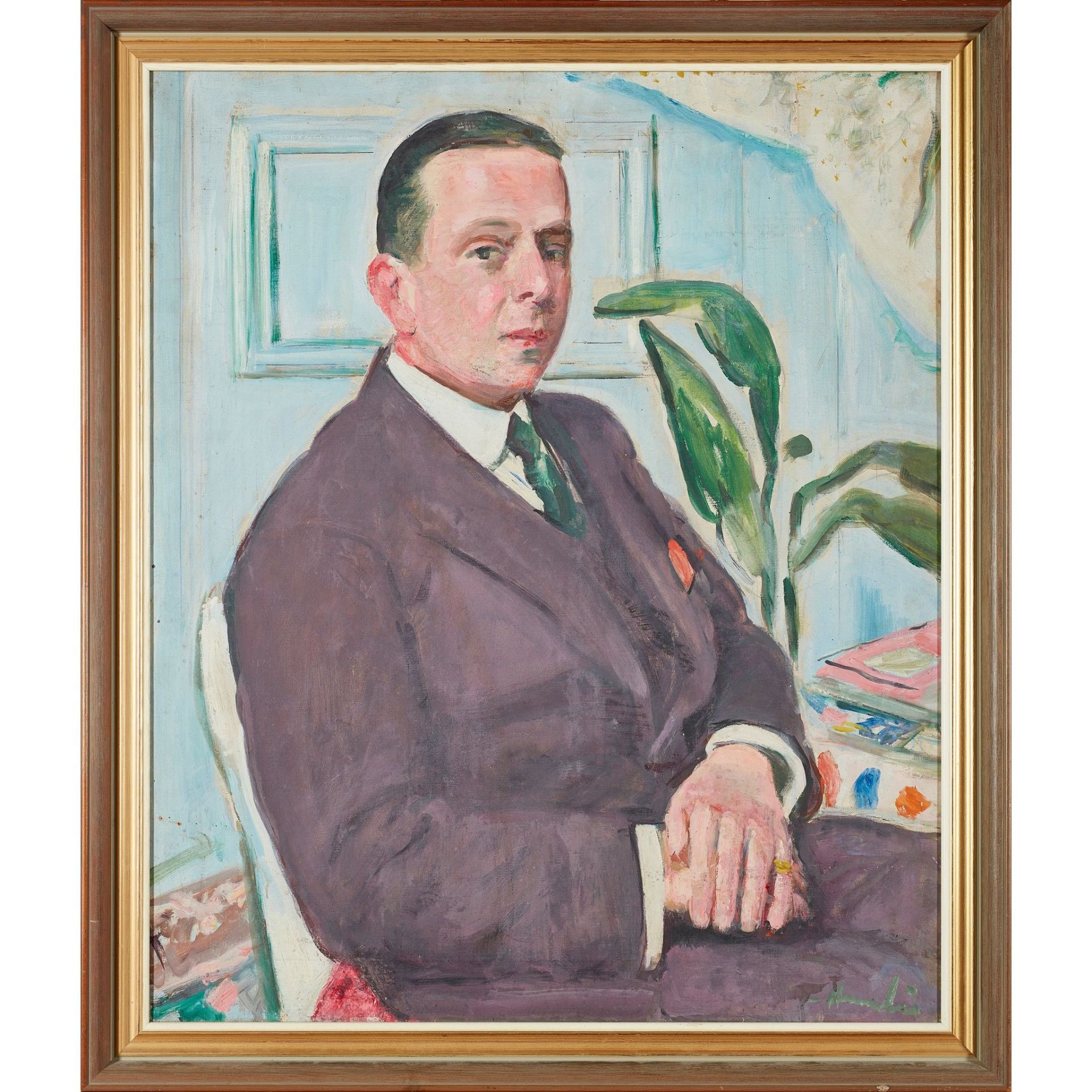 GEORGE LESLIE HUNTER (SCOTTISH 1877-1931) HALF LENGTH PORTRAIT OF A SEATED MAN - Image 2 of 3