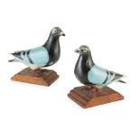 TWO CARVED AND PAINTED WOOD FIGURES OF HOMING PIGEONS 19TH CENTURY