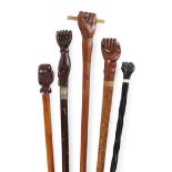 FIVE FOLK ART NOVELTY CARVED HAND WALKING STICKS 19TH CENTURY