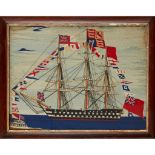 Y EARLY VICTORIAN WOOLWORK SHIP PICTURE MID-19TH CENTURY