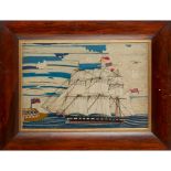 Y EARLY VICTORIAN WOOLWORK SHIP PICTURE MID-19TH CENTURY