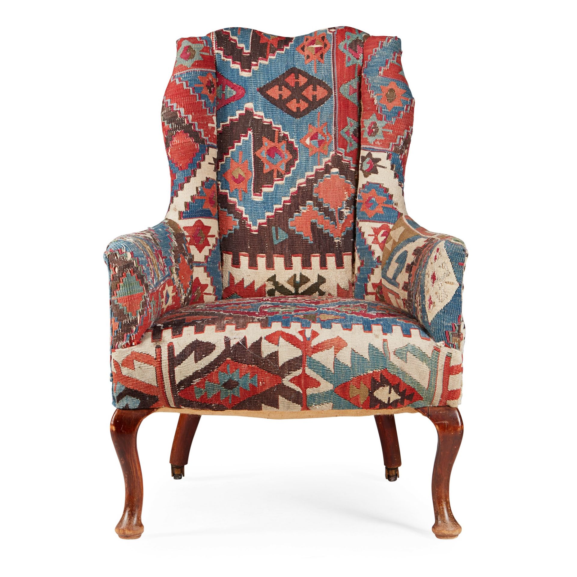 KILIM UPHOLSTERED SMALL WING ARMCHAIR EARLY 20TH CENTURY