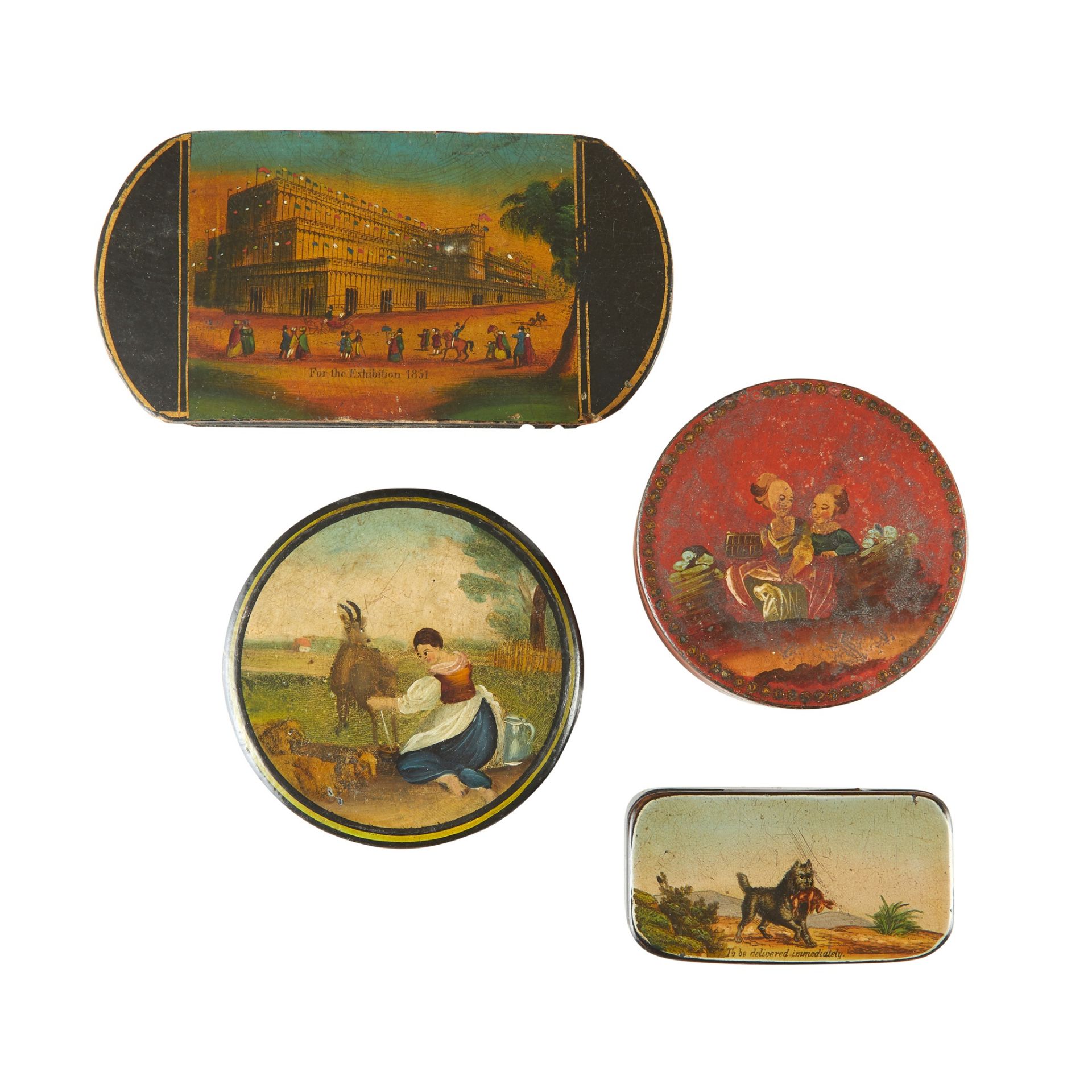 FOUR VICTORIAN PAINTED PAPIER MACHE BOXES 19TH CENTURY