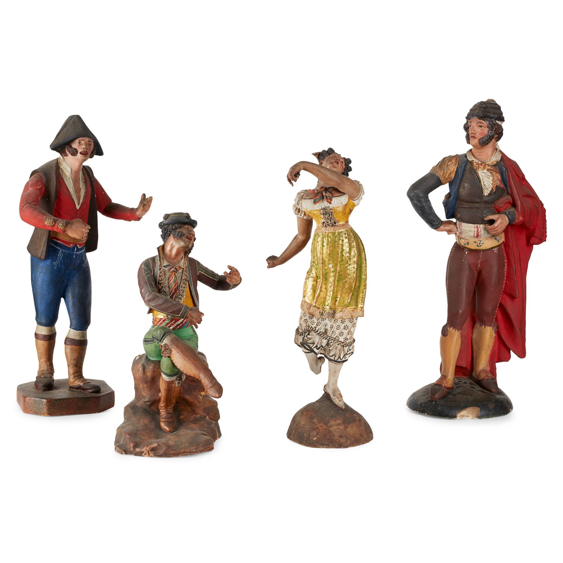 FOUR SPANISH POLYCHROME TERRACOTTA CRECHE FIGURES PROBABLY MALAGA, MID-19TH CENTURY