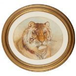 SILK EMBROIDERED PICTURE OF A TIGER'S HEAD LATE 19TH CENTURY