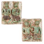 TWO BURMESE PEGU PROVINCE GREEN-GLAZED POTTERY TILES 13TH - 16TH CENTURY