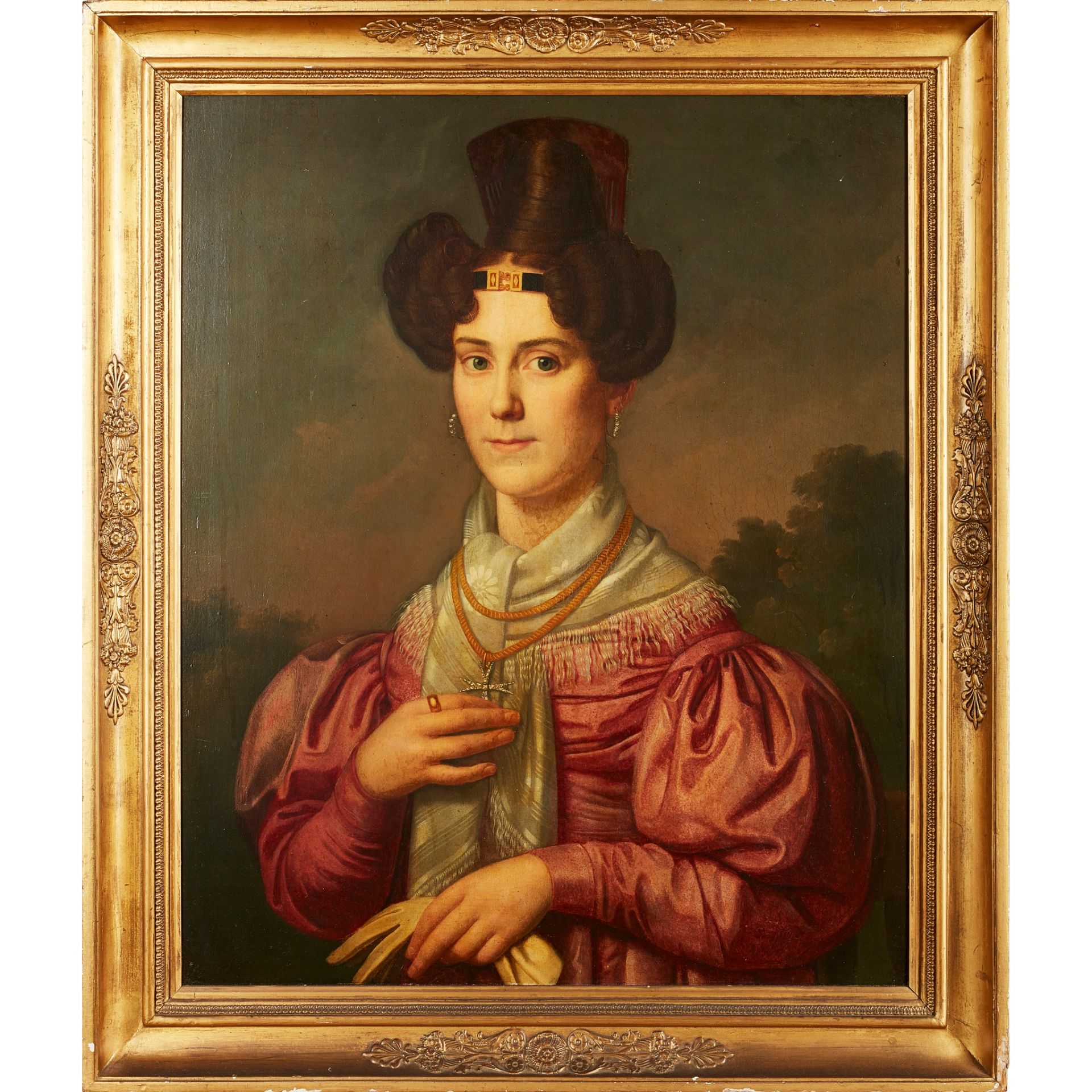 EARLY 19TH CENTURY FRENCH SCHOOL PORTRAIT OF A LADY IN PINK