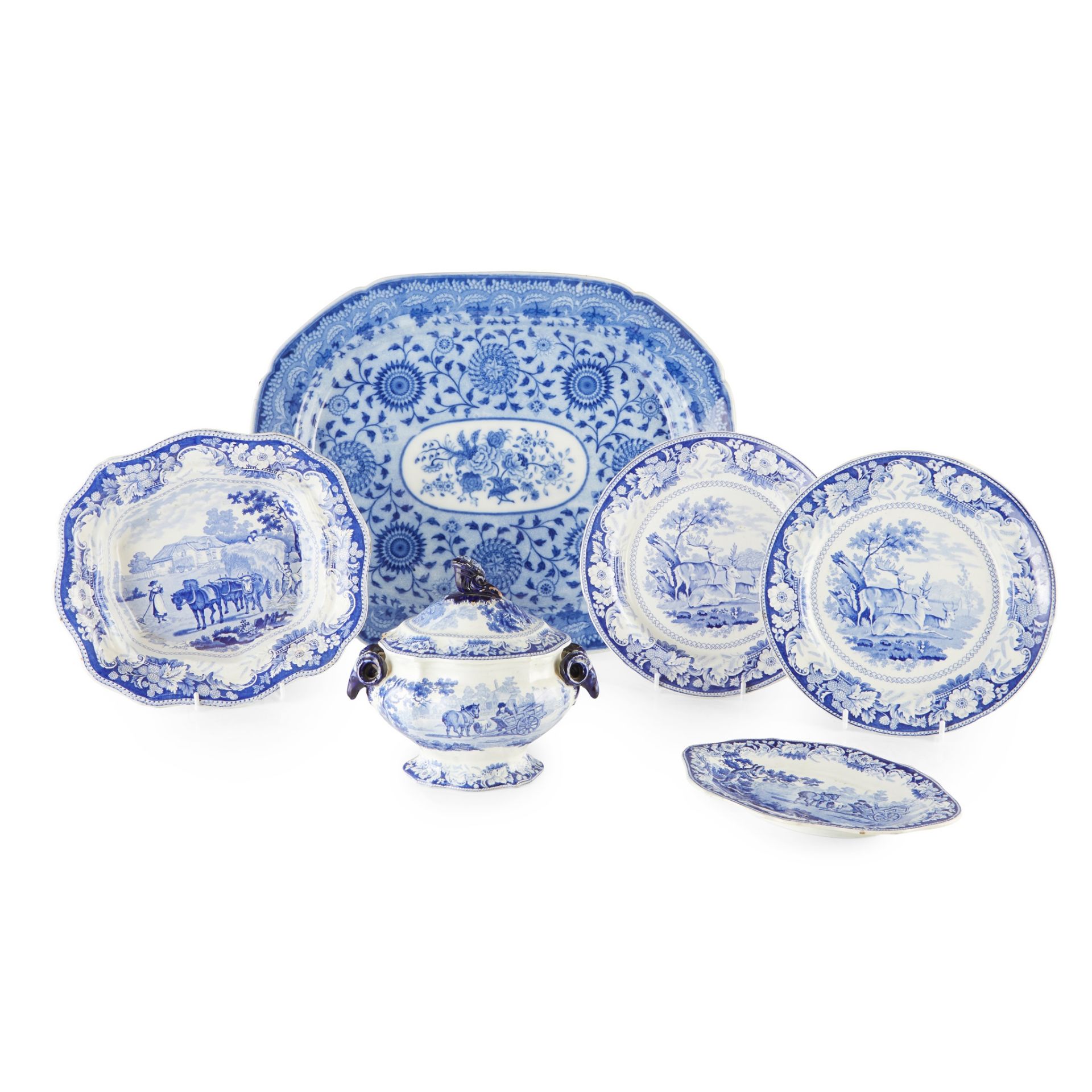 GROUP OF BLUE TRANSFER POTTERY DISHES EARLY 19TH CENTURY