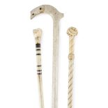 THREE WHALEBONE AND WHALE TOOTH WALKING STICKS 19TH CENTURY