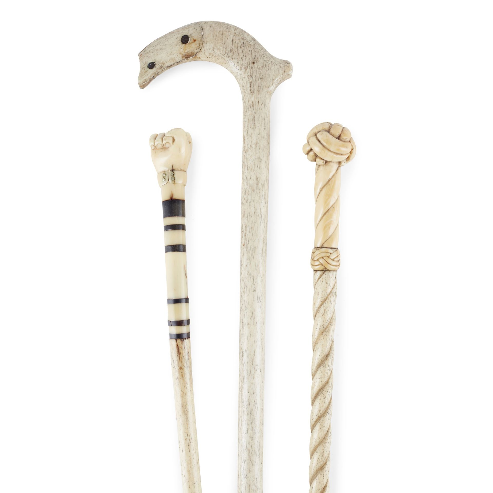 THREE WHALEBONE AND WHALE TOOTH WALKING STICKS 19TH CENTURY