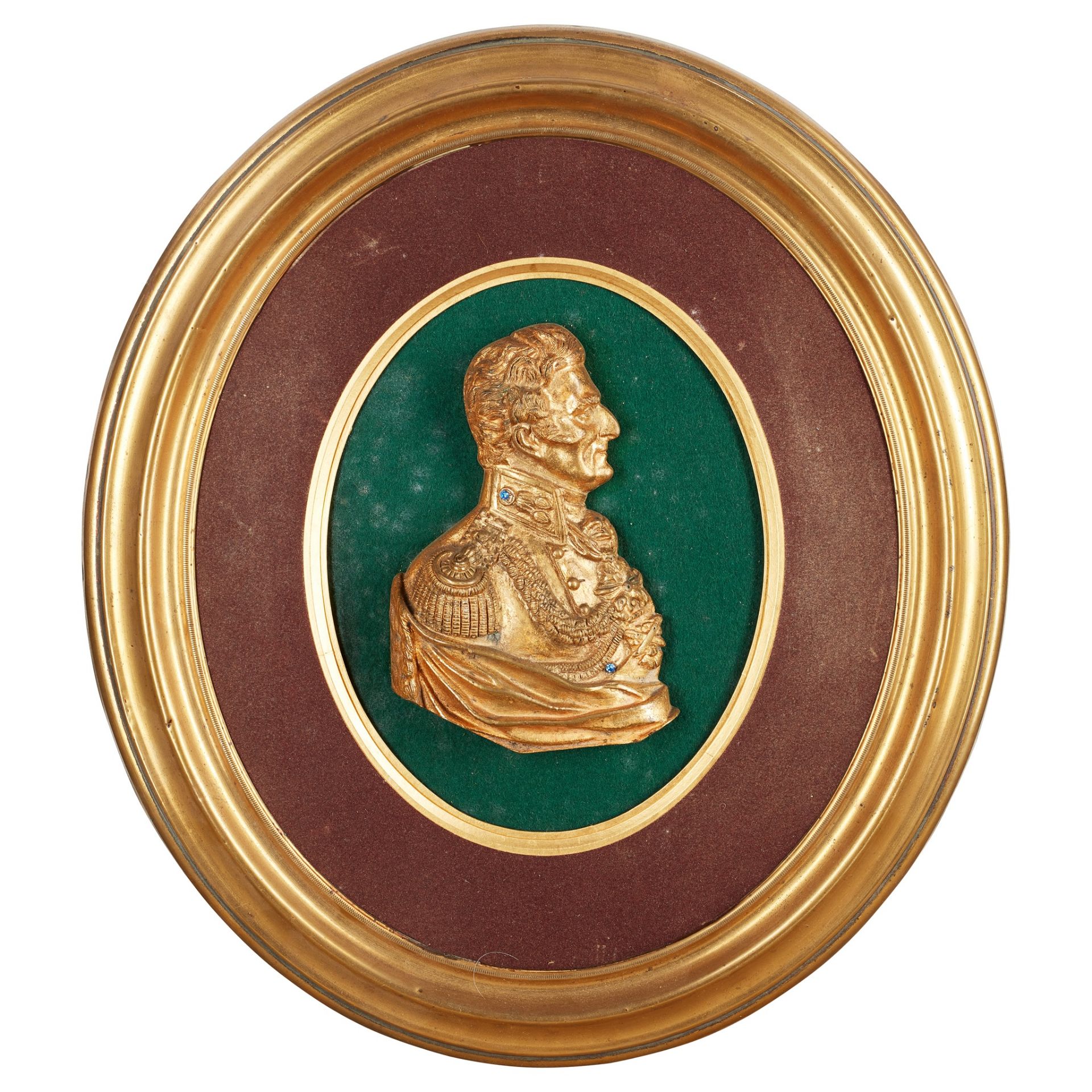 GILT BRASS AND 'JEWEL' MOUNTED PROFILE OF THE DUKE OF WELLINGTON 19TH CENTURY