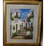 20th century Steps and white houses with flowers acrylic indistinctly signed 38.5 x 28.5 cm