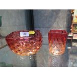 A cranberry graduated tinted glass bowl, 11 cm square and mini vase with lozenge dimpled design (2)