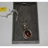 A 925 silver cat pendant set with cabochon millefiori glass, with fine chain, in box