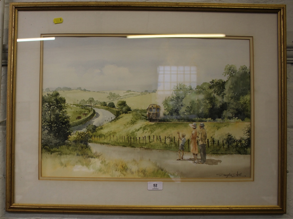 Douglas E. West Waving at the train Watercolour Signed 36 x 54 cm