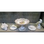 European ceramics including Dresden pierced tazza 26cm diameter, Capodimonte white parakeet 19cm,