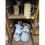 Three Copeland stoneware moulded jugs, and seven high relief moulded jugs, including one depicting