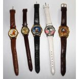 A collection of five children's watches, two Lorus Mickey Mouse, two Disney Pooh Bear and Hello