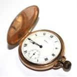 A 9 carat gold full hunter pocket watch by Waltham, in working order, with white enamel dial and