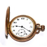 A gold plated gentleman's full hunter pocket watch, with white enamel dial and Arabic numerals