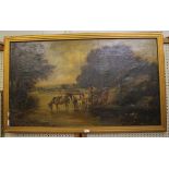 19th century English School Horses and cart fording a stream oil on canvas indistinctly signed