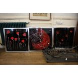 Iona B Three studies of poppies acrylic on black glass signed or initialled 80 cm square (3)