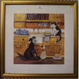 Alex Clark An amusing print titled "In the Kitchen" with dogs and cat label on the reverse 35.5 x