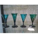 Green wine glasses: drawn trumpet bowl with knop stem 14.5cm, conical bowl 13cm, conical bowl with