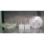 Four pieces of good cut glass, comprising a fruit dish, a punch bowl and two trinket jars