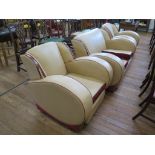 A 1930s Art Deco style three piece lounge suite, in tan and red upholstery with walnut panelling, in