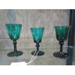 Green wine glasses: funnel bowl with knop stem 14cm, bucket bowl with knop stem 12.5cm and bell bowl