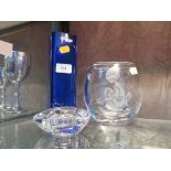 A Magnor Norway blue coloured square shaped vase, 20cm high, together with a clear glass vase with