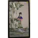 A Japanese painting on silk of a lady holding a tray of jewels, 50 x 27 cm