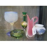 Five pieces of assorted glass including a cased pink/white Murano pitcher vase, 16 cm high and a