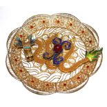 A Chinese gilt filigree wall plate depicting a model of a dragon with flaming pearl, and a jadeite