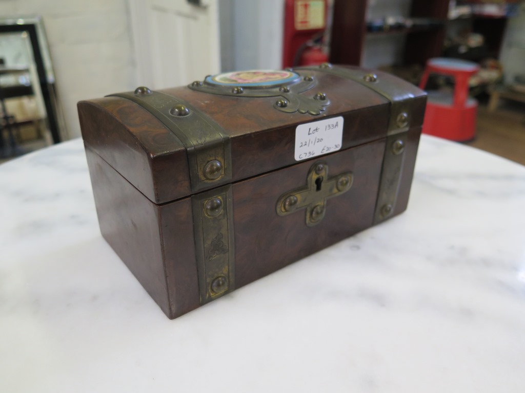 A Late Victorian burr walnut brass bound casket with a French porcelain panel, 21 cm wide