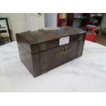 A Late Victorian burr walnut brass bound casket with a French porcelain panel, 21 cm wide