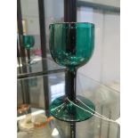 An 18th century green wine glass with large cup bowl, plain stem and conical foot, circa 1765, 14.