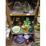 A collection of pressed glass, including marbled purple, clear and luminous green (3 trays)