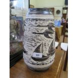 A West German pottery vase decorated with sgraffito style birds in flight and sailing ships, model