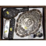 A collection of silver to include a Reynold's Angels silver tray, 1906, 29cm wide, 220g, miniature