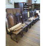A matched set of eight carved oak dining chairs, some with carved seats and others with cane seats