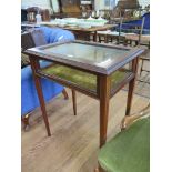 An Edwardian mahogany and crossbanded satinwood bijouterie table, with hinged top and square section