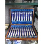 A cased set of fruit knives and forks, for twelve, with mother of pearl handles